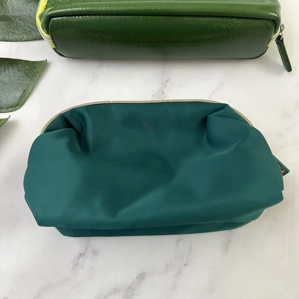 La Mer Cosmetic Makeup Bag Lot of 2 Teal Green Patent Zipper Travel Pouch